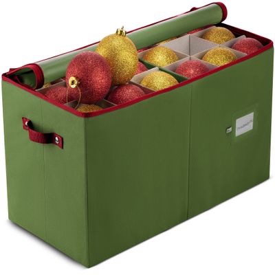 ZOBER Large Christmas Ornament Storage Box - Stores 54 4" Large Ornaments, With Dividers - Ornament Organizer Storage Box, Durable Christmas Containers Holder, Dual Zipper - Green
