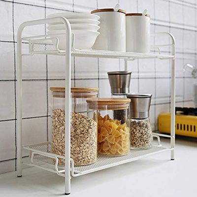 Multipurpose Space Saving 2 Tier Sturdy Kitchen Metal Storage Spice Rack,Bedroom Bathroom White Removable Storage Shelf