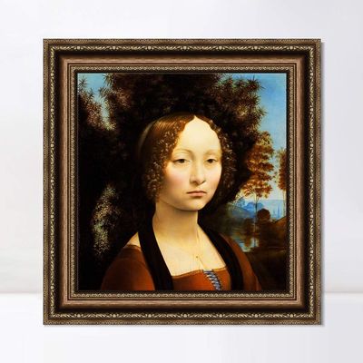 INVIN ART Framed Canvas Art Giclee Print Ginevra de' Benci by Leonardo da Vinci Wall Art Living Room Home Office Decorations(Vintage Embossed Gold frame,24"x24")