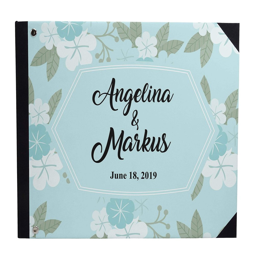 Darling Souvenir Blue Floral & Geometric Printed Wedding Guest Book Hardbound Cover Sign in Book Registry Scrapbook-9 x 12 Inches