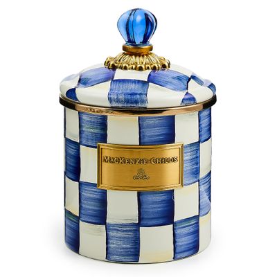 MACKENZIE-CHILDS Small Enamel Canister, Kitchen Storage Container for Flour and Sugar, 1.13 Liters, Blue-and-White Royal Check