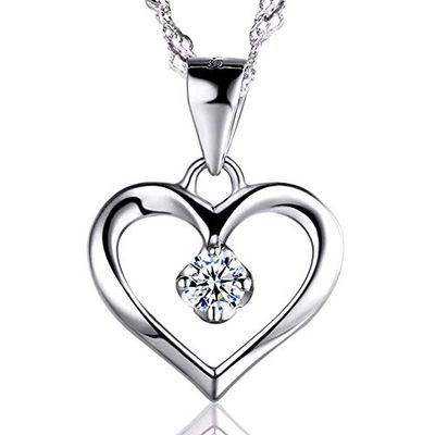 Bansriracha Elegant 925 Sterling Silver Cubic Zirconia CZ Hollow Heart Pendant Necklace Colllar Women Wedding Anniversary Jewelry