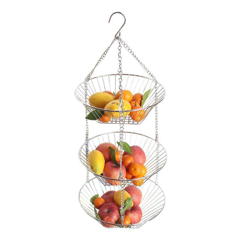3 Tier Wire Hanging Fruit Basket,Stainless Steel Vegetable Storage Organizer Basket, Fruit Tray Drainer, Fruit Bowl Storage Rack Holder, Fruit Garlic Ginger Storage Shelf for Home Kitchen Supplies