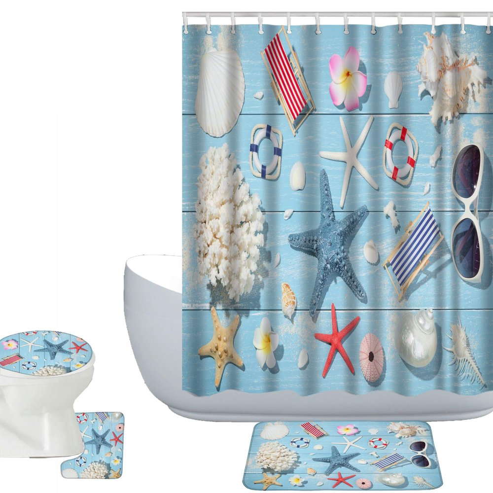 Amagical Colorful Starfish and Marine Items on Blue Wooden Background 4 Piece Bathroom Mat Set Shower Curtain Set Bathroom Mat Contour Mat Toilet Cover Fabric Waterproof Shower Curtain with 12 Hooks