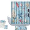 Amagical Colorful Starfish and Marine Items on Blue Wooden Background 4 Piece Bathroom Mat Set Shower Curtain Set Bathroom Mat Contour Mat Toilet Cover Fabric Waterproof Shower Curtain with 12 Hooks view 1