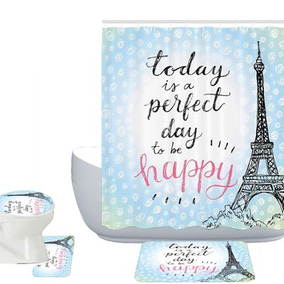 Amagical Perfect Day Paris Eiffel Tower Polka Dot Blue Background 16 Piece Bathroom Mat Set Shower Curtain Set Bathroom Mat Contour Mat Toilet Cover Fabric Waterproof Shower Curtain with 12 Hooks