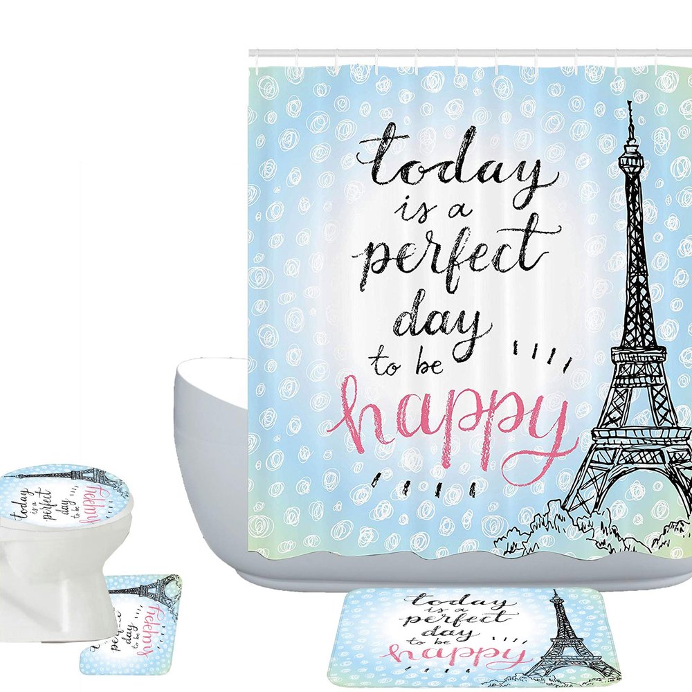 Amagical Perfect Day Paris Eiffel Tower Polka Dot Blue Background 16 Piece Bathroom Mat Set Shower Curtain Set Bathroom Mat Contour Mat Toilet Cover Fabric Waterproof Shower Curtain with 12 Hooks