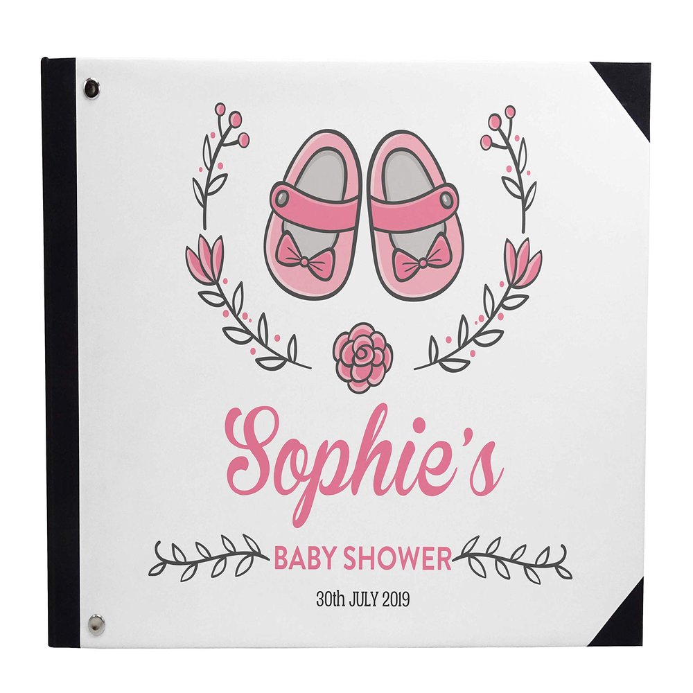 Darling Souvenir White Baby Shoes & Half Wreath Printed Hardbound Cover PersonalizedGuestbookFor Baby ShowerGuestSign InBookRegistry-9 x 12 Inches