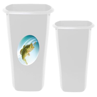 2 Piece Set - 5.5 White Plastic Wastebasket Trash Can Featuring Your Choice of an Animal Themed Vinyl Decal - Free 3 Gallon Wastebasket and Free Trash Bags Included (Bass)
