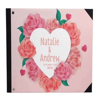 Darling Souvenir Pink Heart & Floral Hardbound Cover Printed Anniversary Wedding Guestbook Scrap Book-9 x 12 Inches