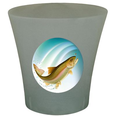 3 Gallon Oval Shaped Wastebasket in a Gray Plastic Finish Featuring Your Choice of an Animal Themed Vinyl Decal - Free Trash Bag Included (Trout)