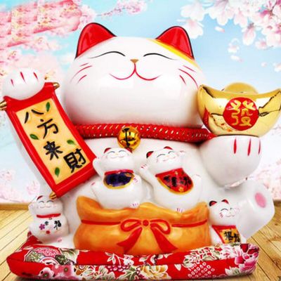 10" Porcelain Lucky Cat Maneki Neko Feng Shui-A3