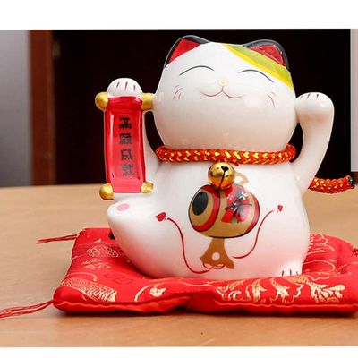 4" Porcelain Lucky Cat Maneki Neko Feng Shui-E