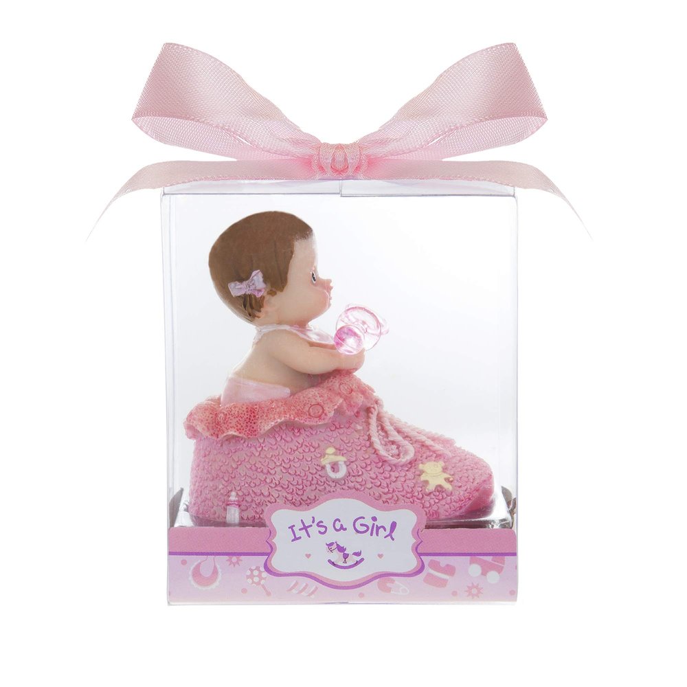 Mega Favors Keepsake Figurine 12 pcs Baby Girl inside Pink Boote Holding Pacifier | Awesome Decorations or Party Favors | for Pregnancy Announcements, Gender Reveals, Birthday and Special Celebrations