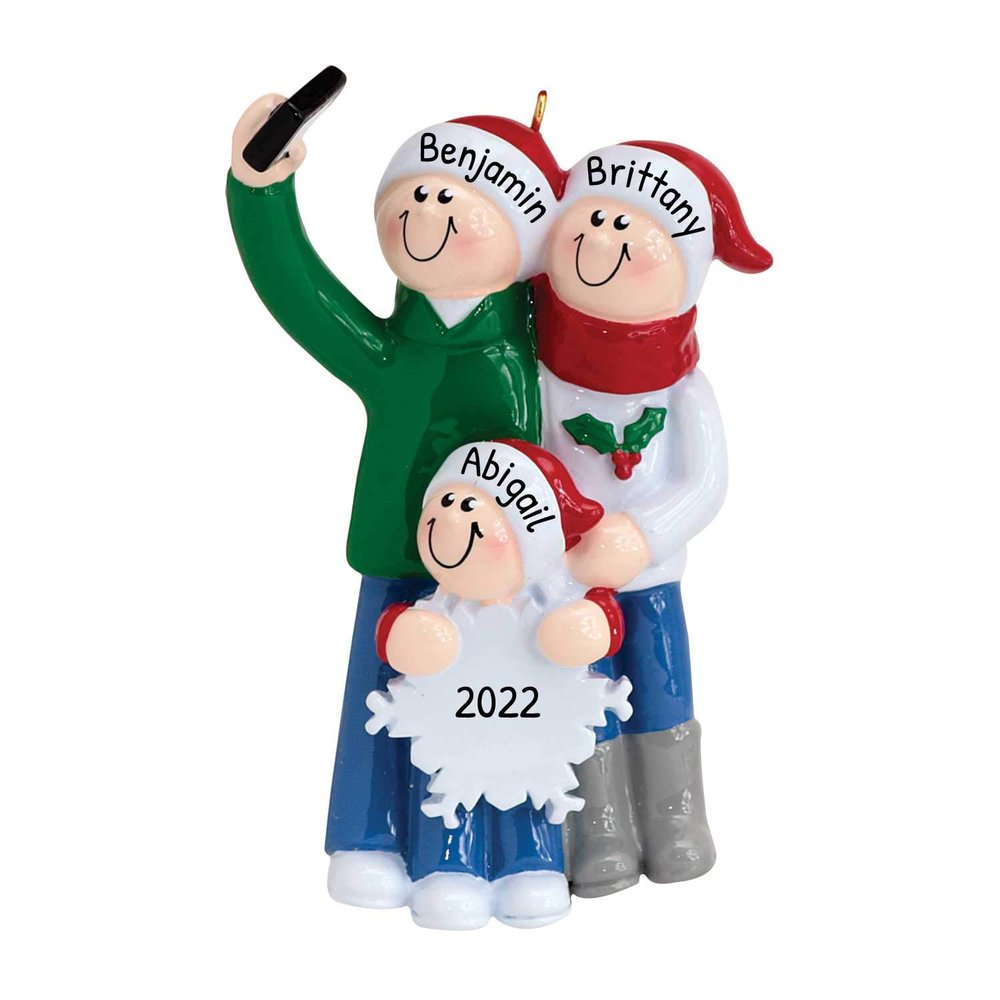 3D Selfie Family of 3 Christmas Ornament 2025 Personalized Family Christmas Ornaments 2025 | Holiday Snap Smartphone Personalized Tree Ornaments Customizable Gifts Santa Hat Selfie of Three Ornament