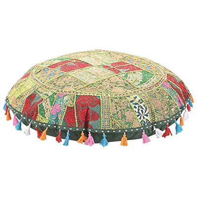 KLAVATE Indian Handmade Vintage Patchwork Cotton Boho Chic Bohemian Hand Embroidered Decorative Ethnic Foot Stool Round Floor Pillows & Cushion Cover Seating Pouf Ottoman