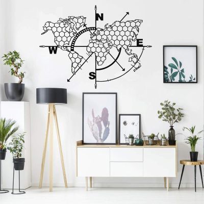 DEKADRON Metal World Map Wall Art - Compass Honeycomb Themed Metal Wall Art - 3D Wall Silhouette Metal Wall Decor Home Office Decoration Bedroom Living Room Decor (Black, 47" W x 36" H / 117x91 cm)