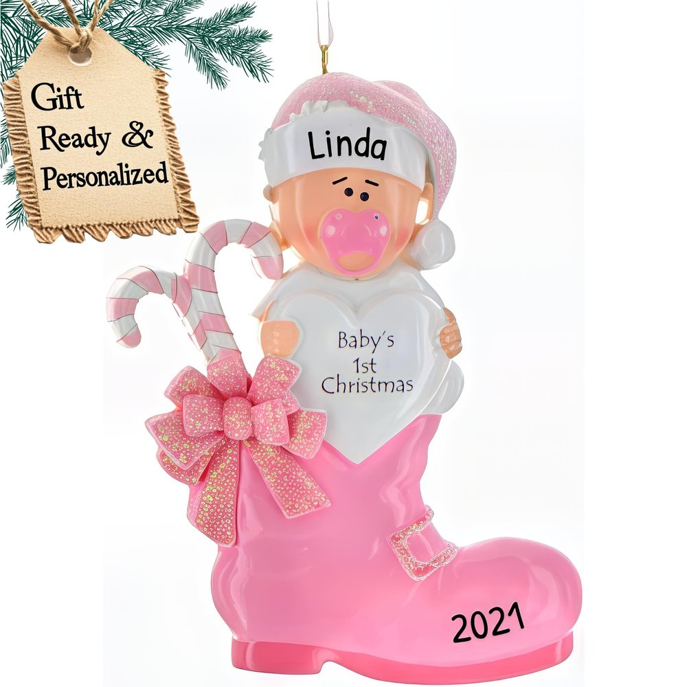 3D Personalized Babys First Christmas Ornament 2025 Girl | Baby's First Christmas Ornament 2025 Baby Ornaments for Xmas Tree My 1st Xmas Girl Ornaments for New Parents Couples - Baby in Pink Boot