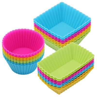24Pack Silicone Muffin Cups, Reusable Cupcake Liners Molds for Baking, 3 Shapes Lunch Box Bento Dividers-Round, Square, and Rectangular (Colorsful, Regular Size)