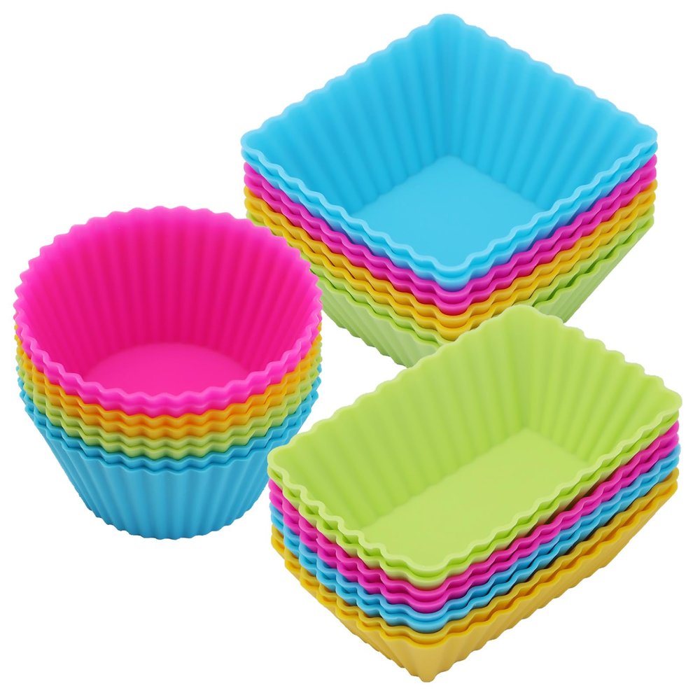 24Pack Silicone Muffin Cups, Reusable Cupcake Liners Molds for Baking, 3 Shapes Lunch Box Bento Dividers-Round, Square, and Rectangular (Colorsful, Regular Size)