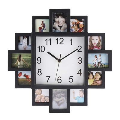 2 in 1 Plastic Wall Clock + Photo Frame Black Modern Home Decor Living Room Decoration Surrounded by Several Photos