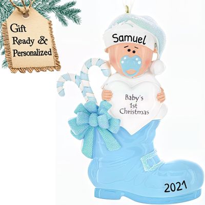 3D Personalized Babys First Christmas Ornament 2025 Boy | Baby's First Christmas Ornament 2025 Baby Ornaments for Xmas Tree My 1st Xmas Boy Ornaments for New Parents Couples - Baby in Blue Boot