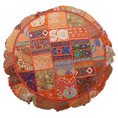 GANESHAM Indian Handmade Vintage Patchwork Cotton Boho Chic Bohemian Hand Embroidered Decorative Ethnic Foot Stool Round Floor Pillows & Cushion Cover Seating Pouf Ottoman (Orange, 32 inch)