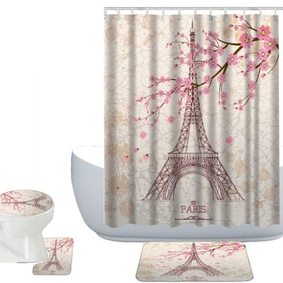 Amagical Paris Eiffel Tower Pink Flowers Decor 16 Piece Bathroom Mat Set Shower Curtain Set Vintage Bath Mat Contour Mat Toilet Cover Fabric Waterproof Shower Curtain with 12 Hooks