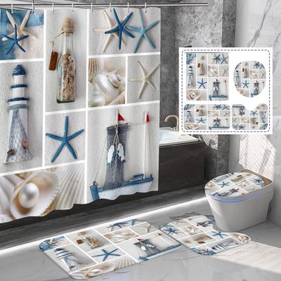 Amagical 4Pcs Summer Sea Stars Ship Bottle Seashell Pearl Blue Starfish Bathroom Mat Set Shower Curtain Set Bathroom Mat Contour Mat Toilet Cover Shower Curtain with 12 Hooks (Bottle Seashell)