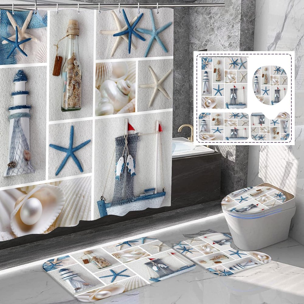 Amagical 4Pcs Summer Sea Stars Ship Bottle Seashell Pearl Blue Starfish Bathroom Mat Set Shower Curtain Set Bathroom Mat Contour Mat Toilet Cover Shower Curtain with 12 Hooks (Bottle Seashell)