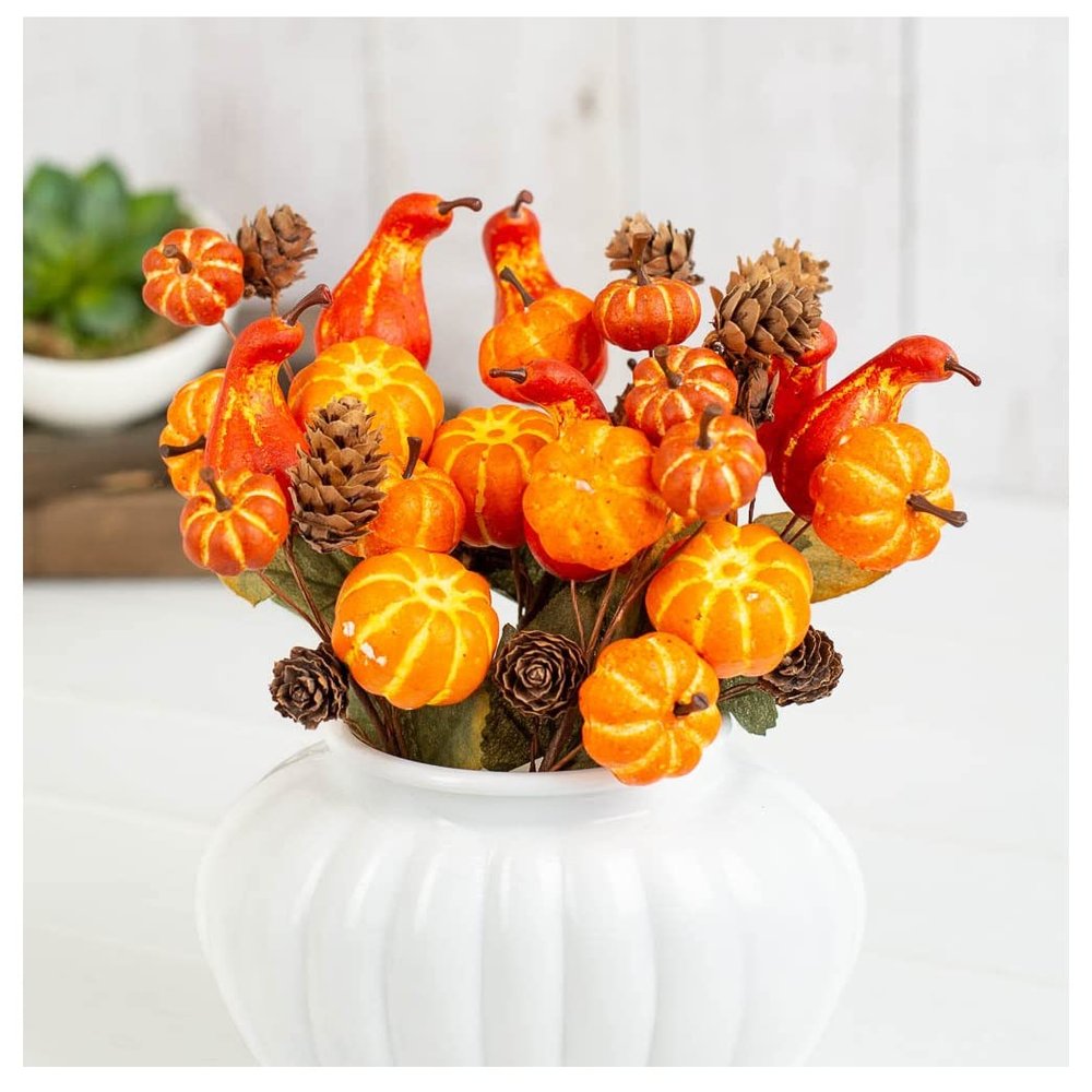 Factory Direct Craft Set of 6 Artificial Pumpkin Gourd and Pine Cone Picks for Fall and Autumn Decorating | Size: 6"