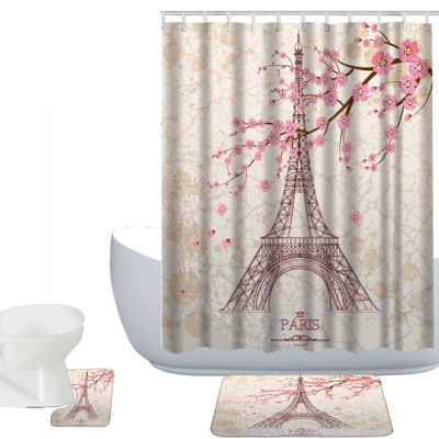 Amagical Paris Eiffel Tower Pink Flowers Decor 3 Piece Bathroom Mat Set Shower Curtain Set Vintage Bath Mat Contour Mat Fabric Waterproof Shower Curtain with 12 Hooks