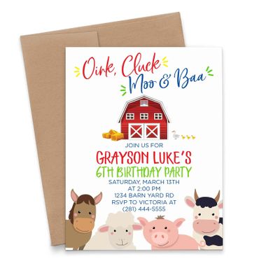 Modern Pink Paper Farm Birthday Invitations for Girls or Boys, Petting Zoo Birthday Invitations Girl or Boy, Your choice of Quantity, Age, Info and Envelope Color