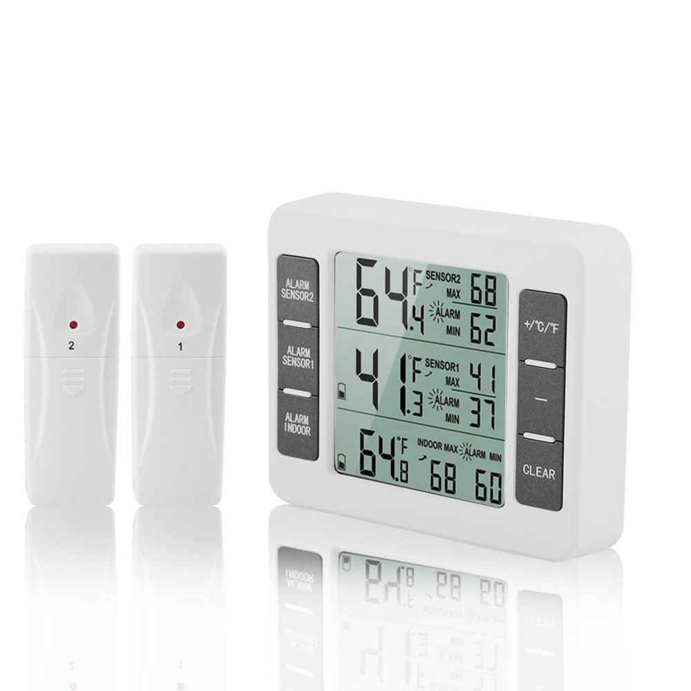 Digital Refrigerater Therometer, Digital Audible Alarm Fridge Freezer Thermometer with 2PCS Sensor Min/ Display.