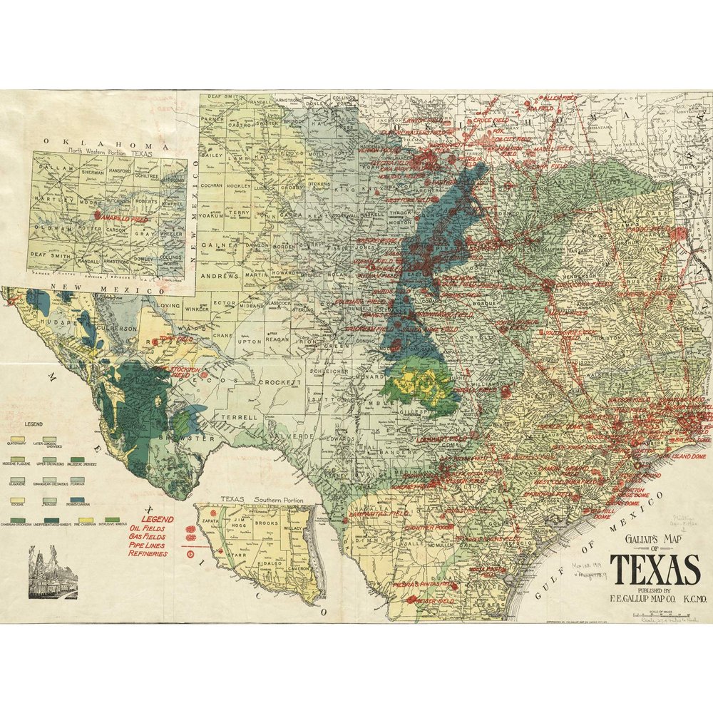 Gallup 1920 Map Texas Geology Oil Refineries Extra Large Wall Art Print Premium Canvas Mural