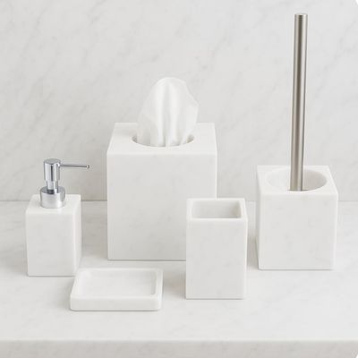 Kurrajong Farmhouse 5 Piece Bathroom Accessories Set Complete | Faux Marble and White Bathroom Accessory Set | Tissue Box, Toilet Brush, Soap Dish, Soap Dispenser, Toothbrush Holder