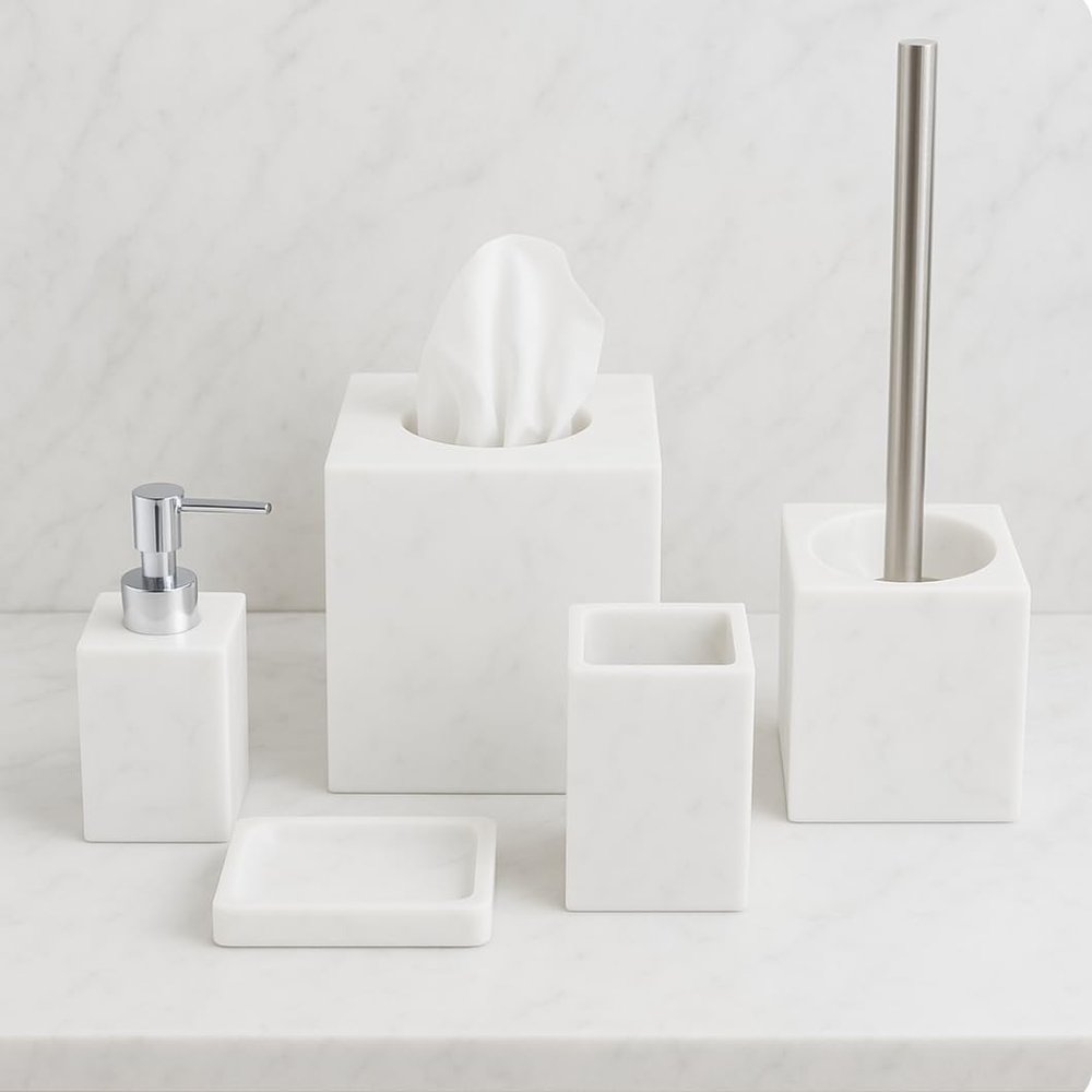 Kurrajong Farmhouse 5 Piece Bathroom Accessories Set Complete | Faux Marble and White Bathroom Accessory Set | Tissue Box, Toilet Brush, Soap Dish, Soap Dispenser, Toothbrush Holder