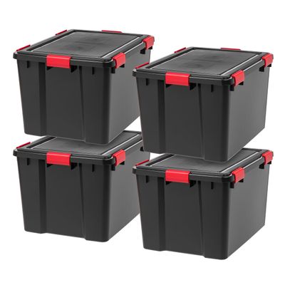IRIS USA WeatherPro 74 Qt Storage Bins with Lids, 4 Pack, BPA-Free Plastic Gasket Box with Tight Latch and Seal, Stackable Nestable Tote Tub - Black/Red