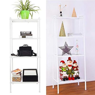 4-Tier Open Ladder Bookshelf, Multifunctional Leaning Plant Flower Stand Rack Bookcase Storage Display Shelves for Home Office Bathroom Balcony (White)