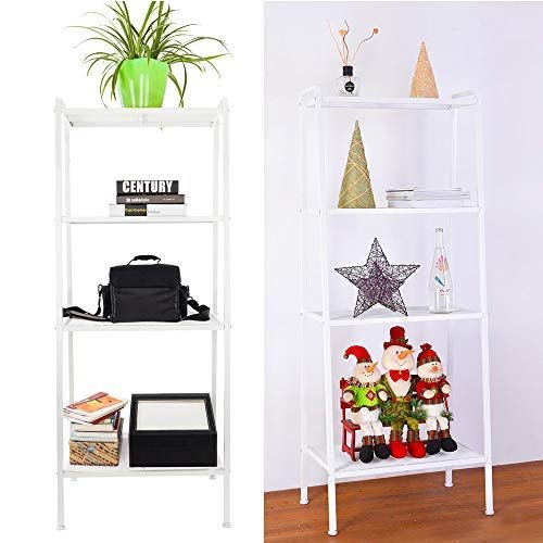 4-Tier Open Ladder Bookshelf, Multifunctional Leaning Plant Flower Stand Rack Bookcase Storage Display Shelves for Home Office Bathroom Balcony (White)