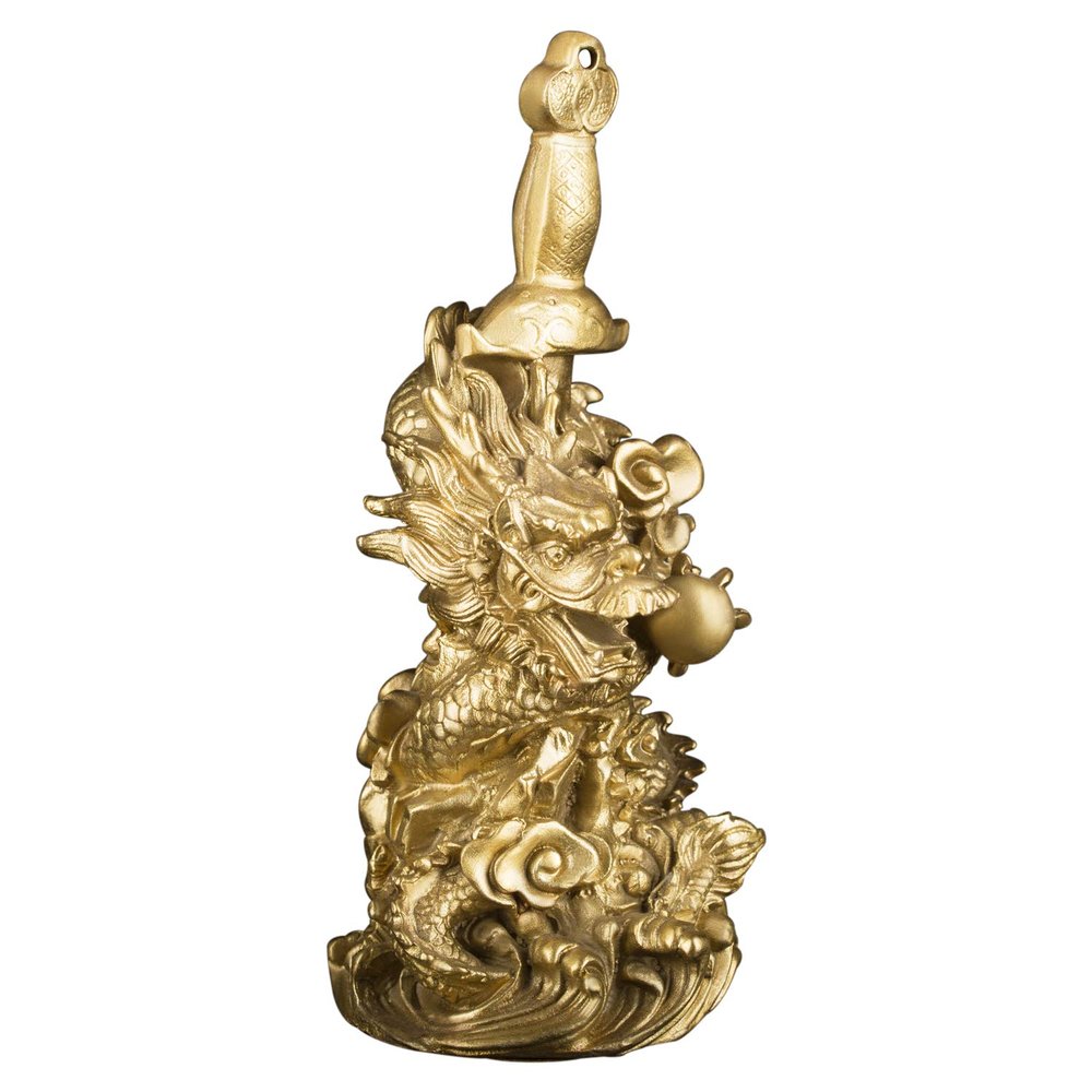 8.3'' Chinese Fengshui Gold Brass Magic Dragon Holding Sword Figurine for Luck & Success Table Decor
