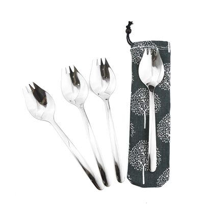 Gugrida 4 Pcs Silver Spork for Household Use Camping Travel Hiking, 18/10 Stainless Steel Spoon Fork, Noodles Appetizer Dessert Spoon, Healthy & Eco-Friendly Silverware Set, 8.26-inch w/Portable Bag