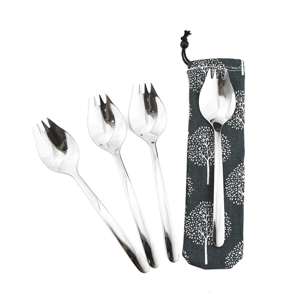 Gugrida 4 Pcs Silver Spork for Household Use Camping Travel Hiking, 18/10 Stainless Steel Spoon Fork, Noodles Appetizer Dessert Spoon, Healthy & Eco-Friendly Silverware Set, 8.26-inch w/Portable Bag
