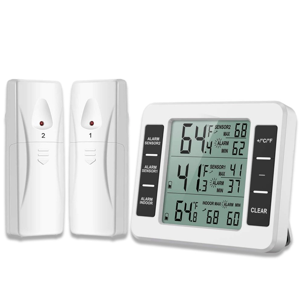 Refrigerator Thermometers with 2 Temperature Sensors Customizable Alarms for Fridge & Freezer, Digital Refrigerator /Min Record Function with LCD Screen Back