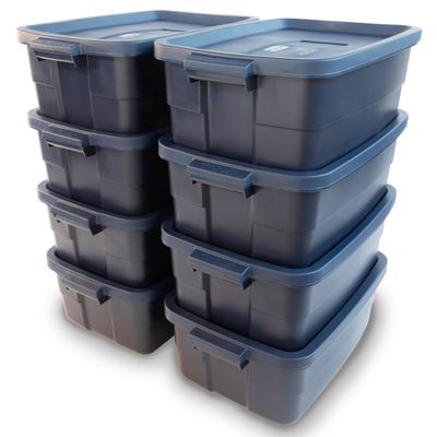 Rubbermaid Roughneck Tote 10 Gal, 8 Pack, Made in USA, Dark Indigo Metallic, Rugged Plastic Stackable Storage Bins with Lids and Handles