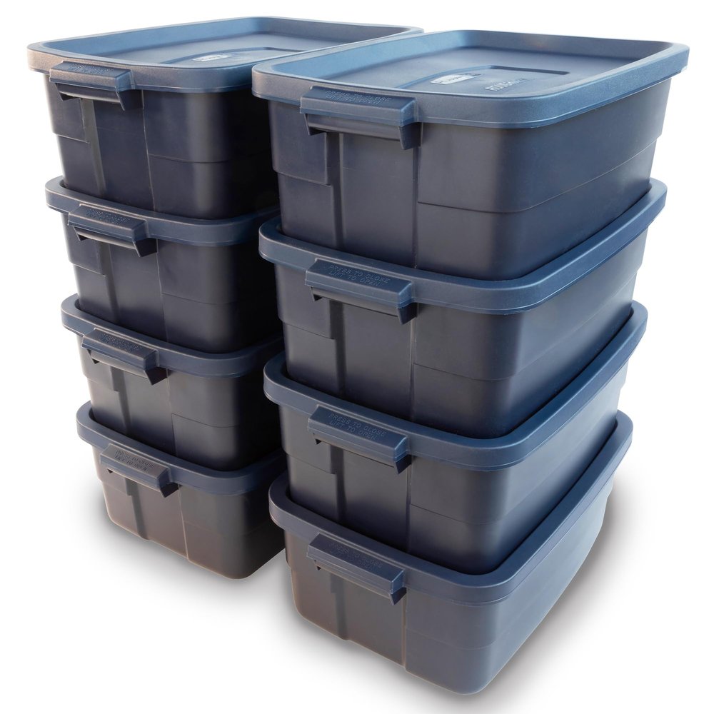 Rubbermaid Roughneck Tote 10 Gal, 8 Pack, Made in USA, Dark Indigo Metallic, Rugged Plastic Stackable Storage Bins with Lids and Handles