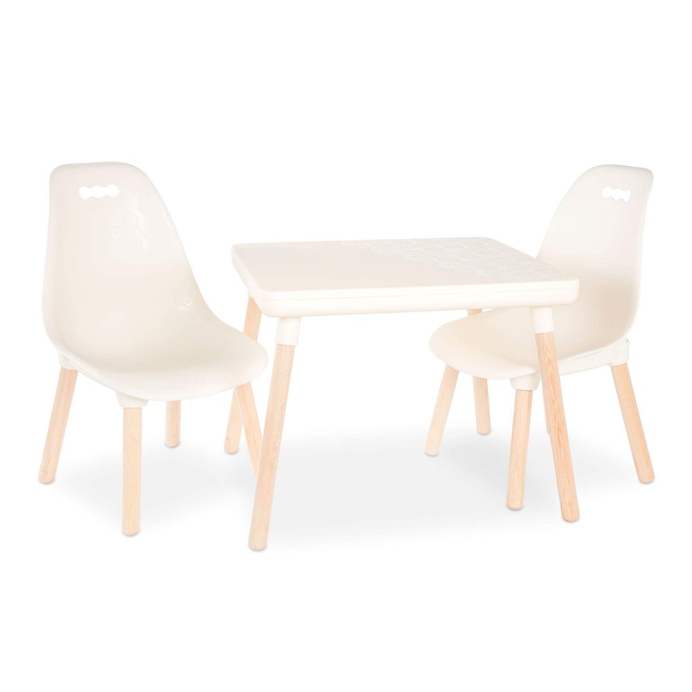 B. toys  Table and Chair Set  Furniture for Toddlers  1 Craft Table & 2 Chairs  Natural Wooden Legs  Ivory  3+ Years