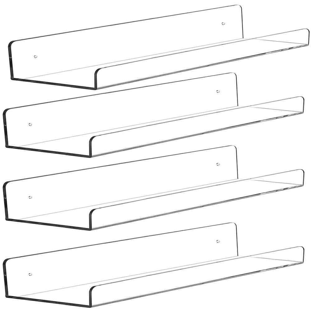 4 Pcak Clear Acrylic Shelves for Bedroom,Room,15 Inch Bathroom Wall Shelf & Organizer,Invisible Floating Shelves & Wall Storage for Collectibles Perfume Shelf,Record,Funko Pop,Lego Display,Bookshelf