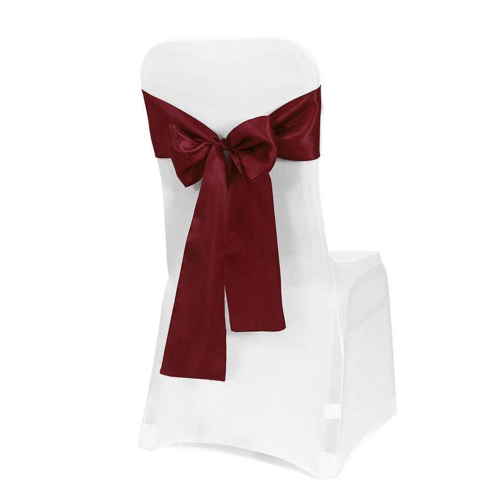 Obstal 50 PCS Burgundy Satin Chair Sashes Bows for Wedding Reception- Universal Chair Cover Back Tie Supplies for Banquet, Party, Hotel Holiday Event Decorations
