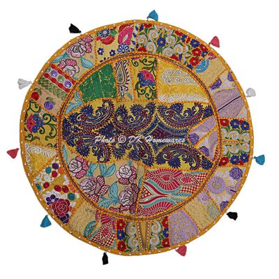 DK Homewares Round Traditional Floor Pillow Bohemian Mango Yellow 28 Inch Patchwork Living Room Pouf Ottoman Home Decor Embroidered Vintage Cotton Indian Floor Cushion Bohemian 70 cm